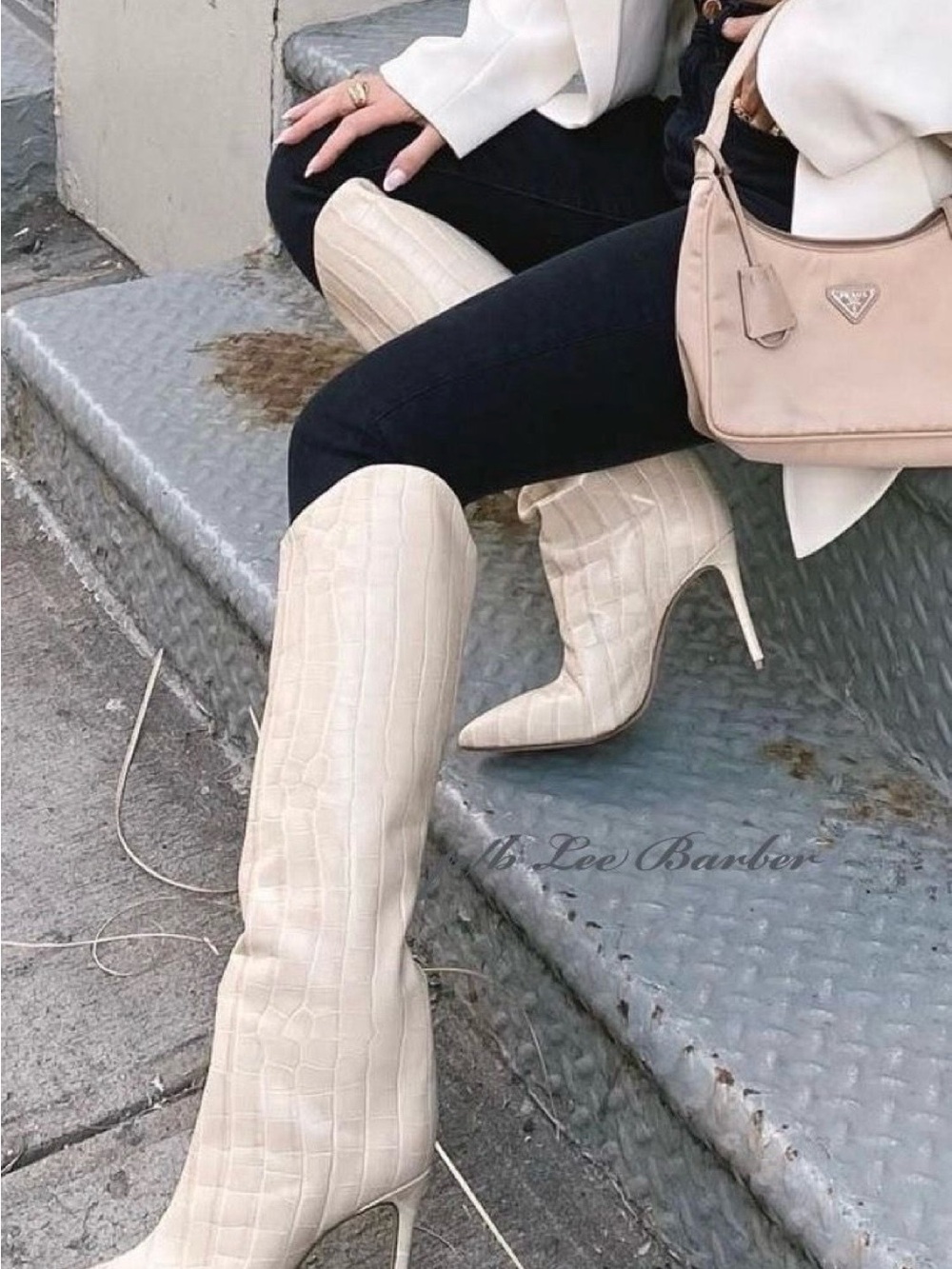 SCHUTZ Cream Croc-Embossed Knee-High Stiletto Boots